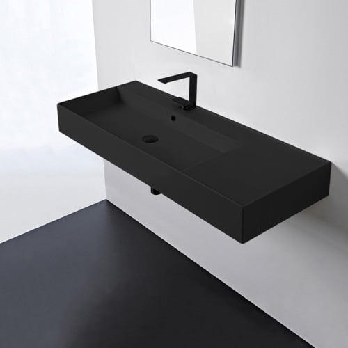 Matte Black Ceramic Wall Mounted or Vessel Sink With Counter Space Scarabeo 5121-49